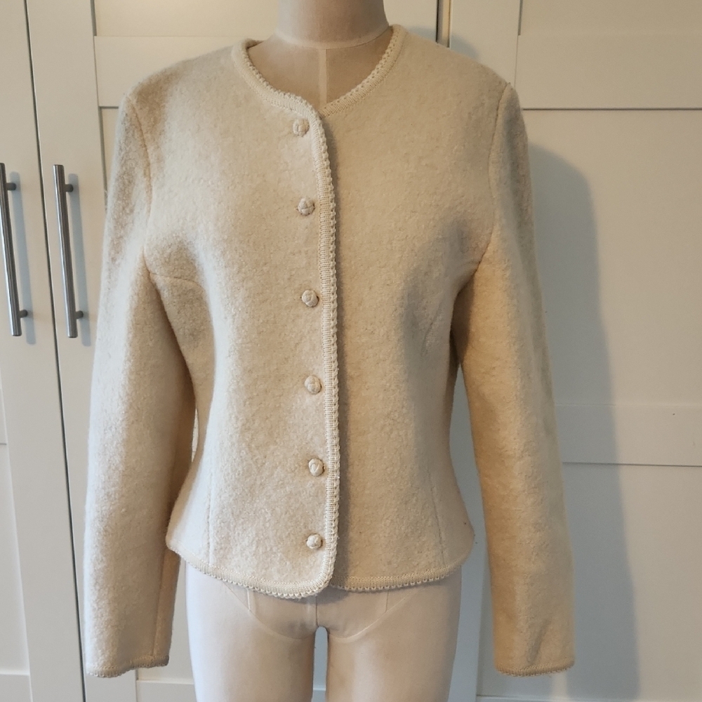 Vintage Lands’ End Boiled Wool Jacket Sz 10 Cream Tyrolean Knot Button (Flawed)